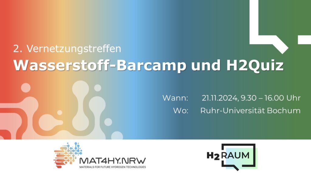 Sharepic zum 2. Vernetzungstreffen von MAT4HY.NRW und H2Raum mit Wasserstoffbarcamp und H2Quiz